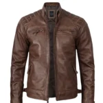 Men Coffee Brown Biker Leather Quilted Jacket
