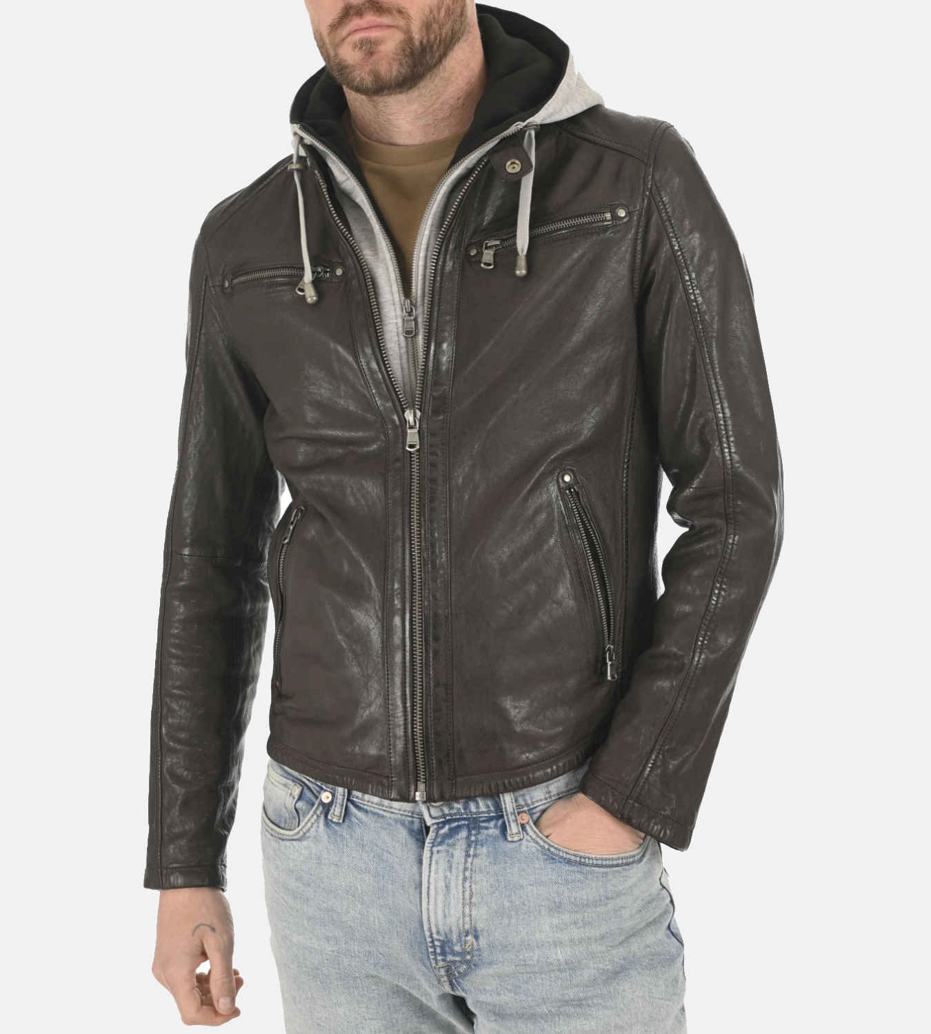 Men Winston Dark Brown Hoodie Leather Jacket