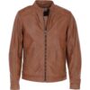 Mens Studded Collar Tan Leather Biker Jacket