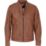 Mens Studded Collar Tan Leather Biker Jacket