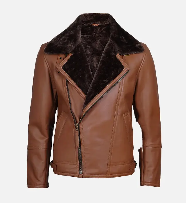 Men Cognac Leather Shearling Moto Jacket