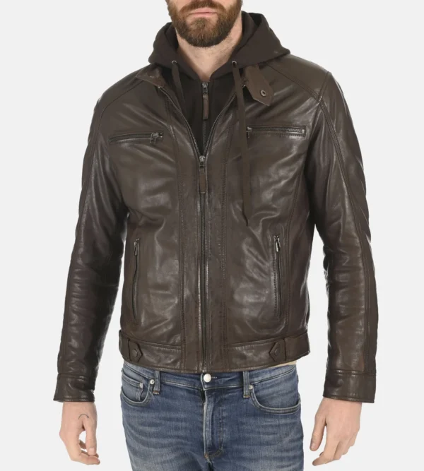 Men Hooded Chocolate Brown Leather Jacket