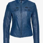 Women Navy Blue Cafe Racer Leather Jacket