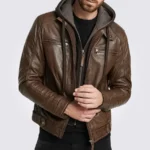 Mens Dark Brown Hooded Motorcycle Leather Jacket