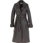 Women Dark Brown Longline Waist Tie Leather Coat