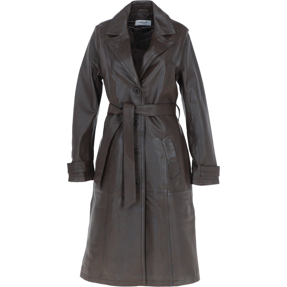 Women Dark Brown Longline Waist Tie Leather Coat