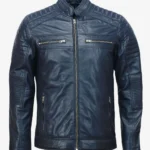 Men Midnight Blue Cafe Racer Full zippered Leather Jacket