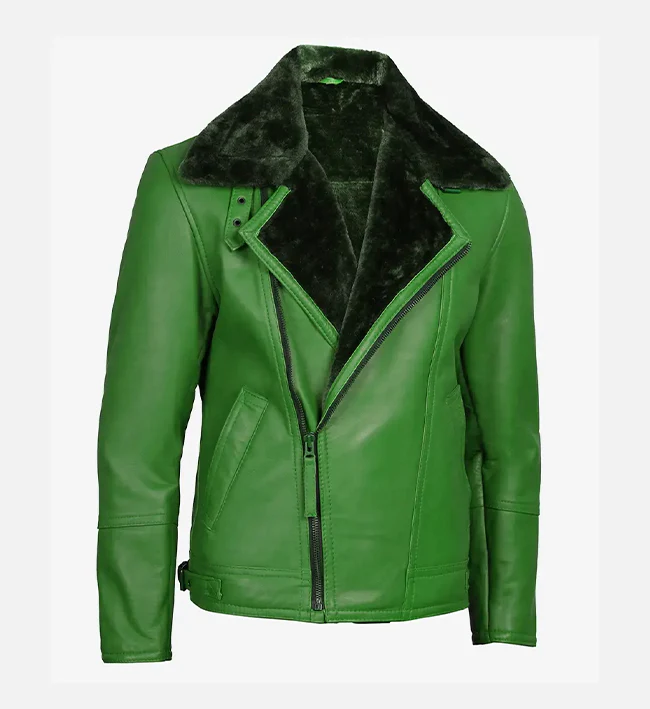 Men Green Shearling Leather Moto Jacket