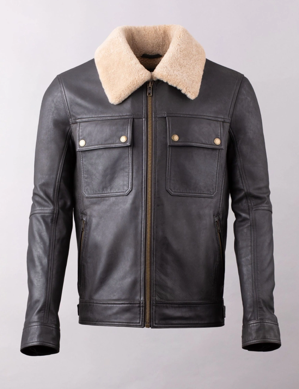 Men Black Real Leather Shearling Bomber Jacket