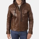 Men Mocca Buffalo Leather Stockley Hood Jacket