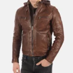Mens Cognac Brown Removable Hoodie Leather Jacket