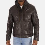 Mens Dark Brown Hood Lambskin Leather Jacket