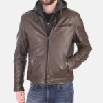 Men Brown Removable Hooded Leather Jacket