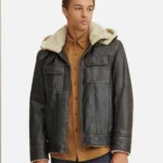 Mens Black Shearling Hooded Leather Jacket