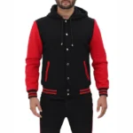Mens Red And Black Baseball Hooded Varsity Jacket