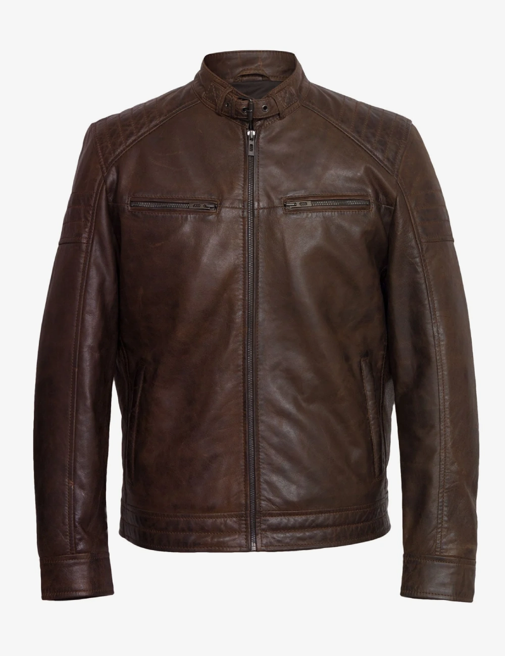 Mens Distressed Dark Brown Cafe Racer Jacket