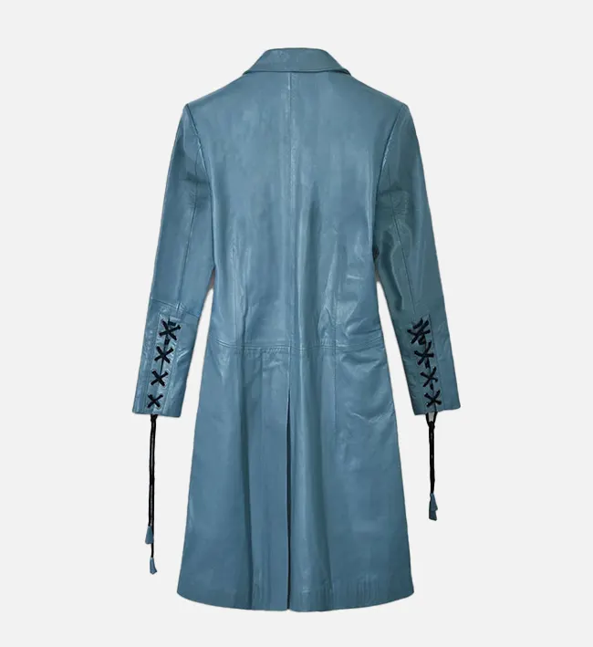 Women Sapphire Blue Leather Long Coat
