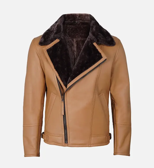 Mens Camel Shearling Lined Leather Biker Jacket