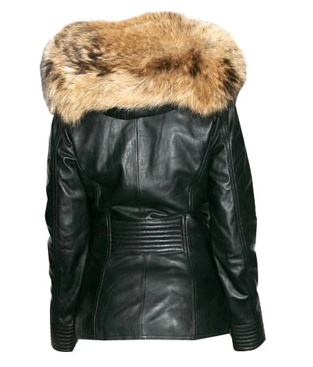 Women Black Real Faux Fur Hoodie Leather Jacket