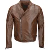 Men Camel Ribbed Leather Motorcycle Jacket