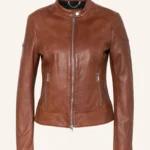 Women Brown Leather Cafe Racer Jacket