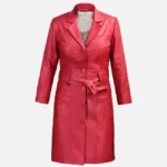 Women Raspberry Red Leather Long Coat
