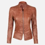 Women Vintage Brown Cafe Racer Jacket