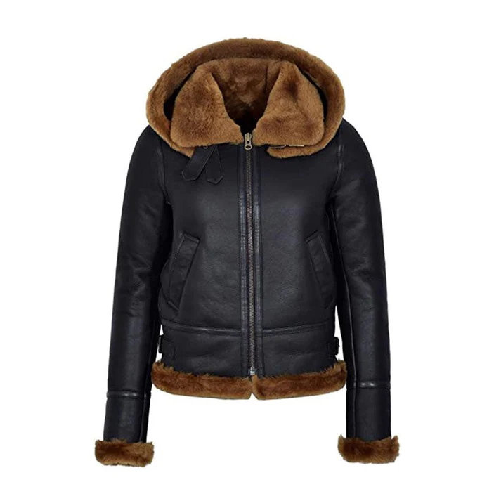 Womens Black Hooded B3 Flying Shearling Jacket