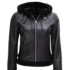 Womens Black Shearling Hooded Leather Jacket