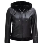 Womens Black Shearling Hooded Leather Jacket