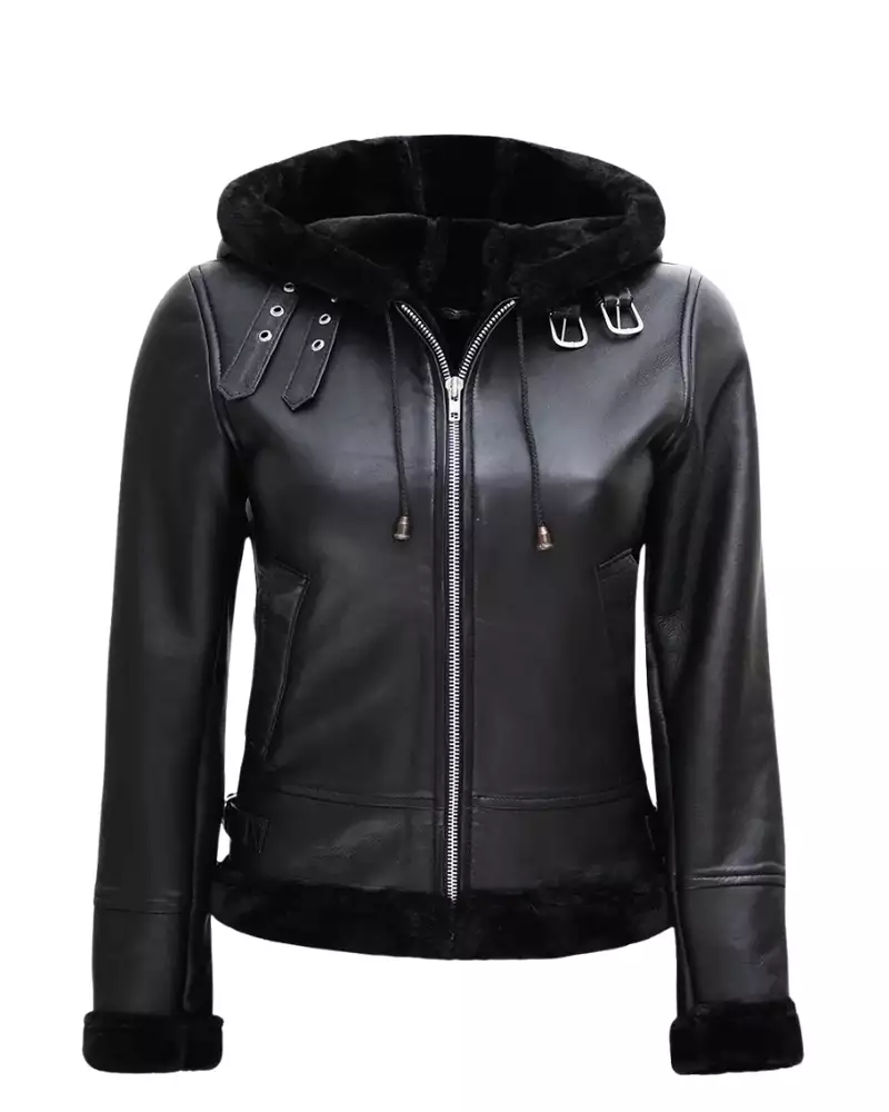 Womens Black Shearling Hooded Leather Jacket