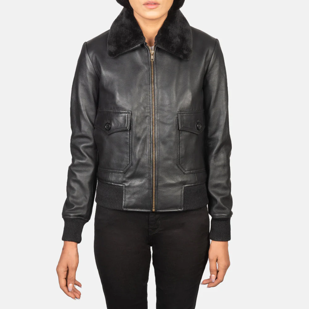 Women Stella G1 Black Leather Bomber Jacket