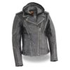 Women Grey Rub Off Hoodie Motorcycle Leather Jacket