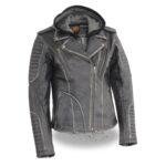 Women Grey Rub Off Hoodie Motorcycle Leather Jacket
