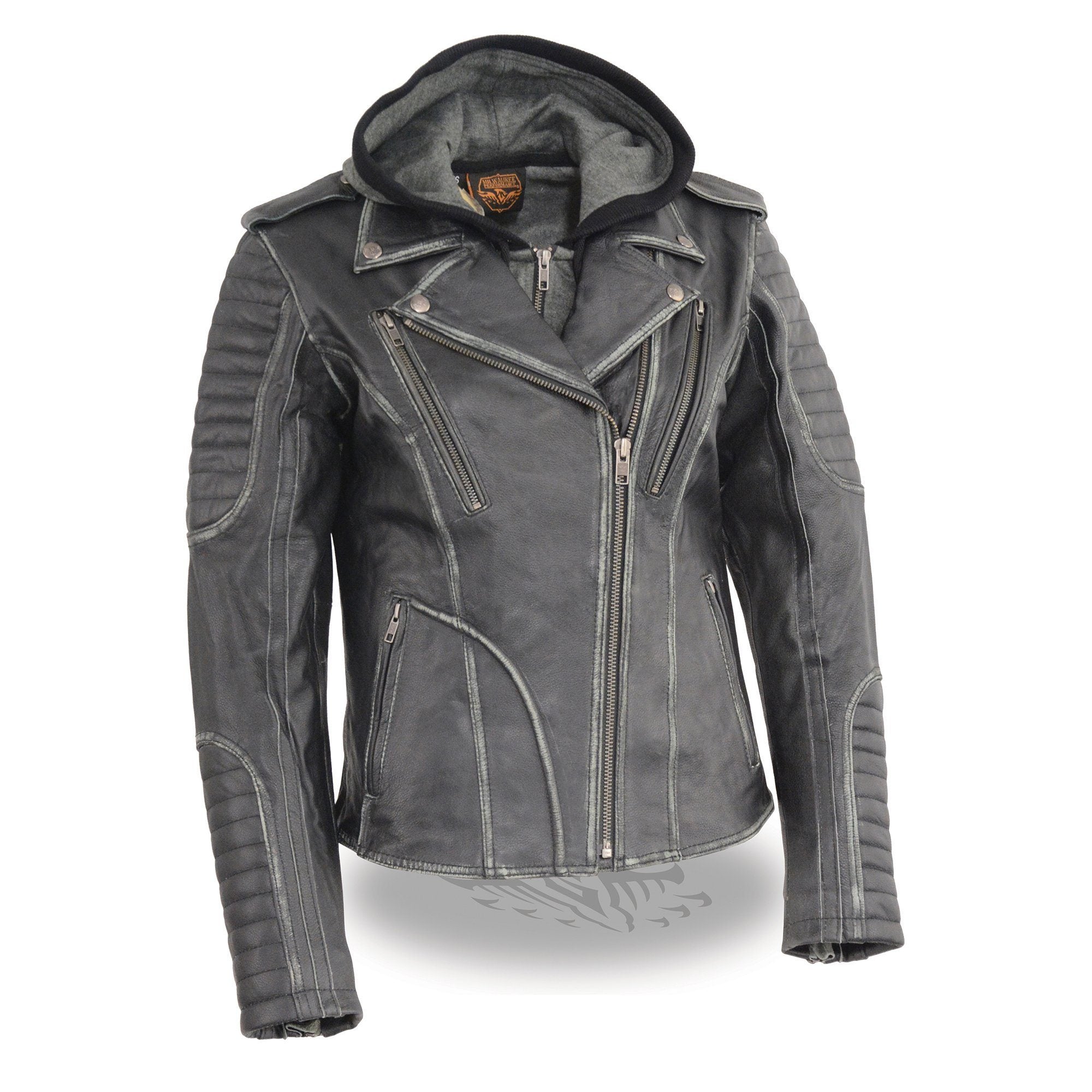 Women Grey Rub Off Hoodie Motorcycle Leather Jacket