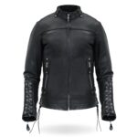 Women Motorcycle Lace Up Sleeves Leather Jacket