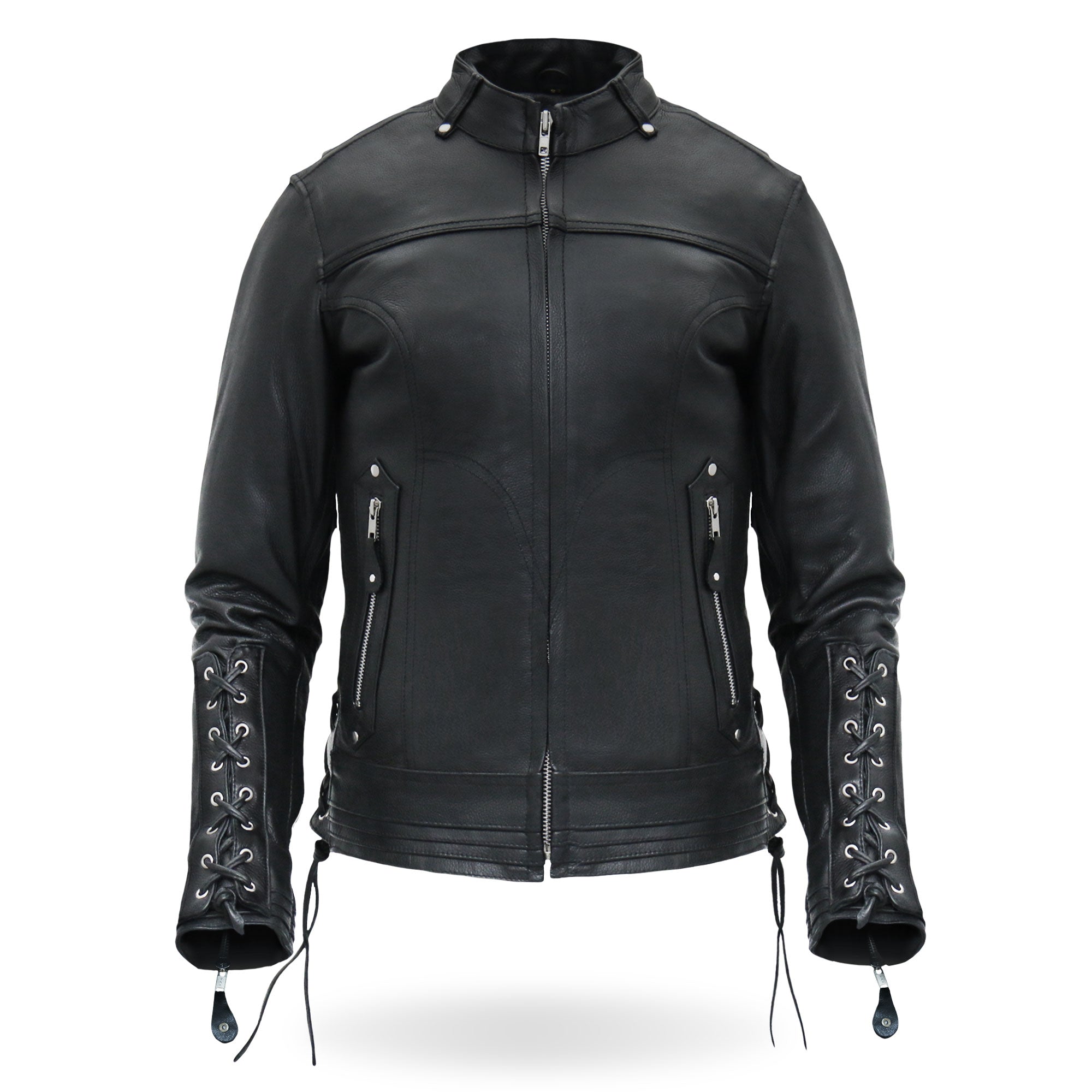 Women Motorcycle Lace Up Sleeves Leather Jacket