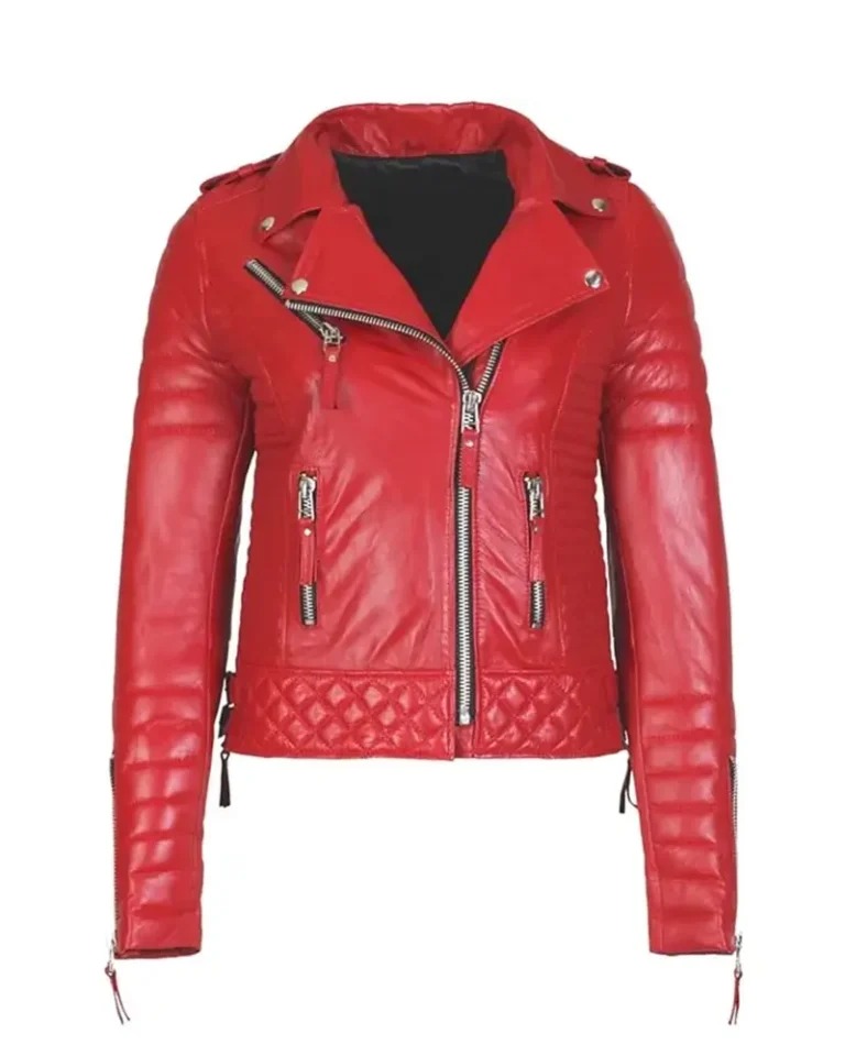 Women Quilted Red Boda Style Motorcycle Jacket