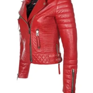 Women Quilted Red Boda Style Motorcycle Jacket