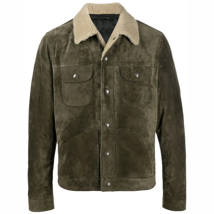 Men Distressed Green Leather Trucker Jacket