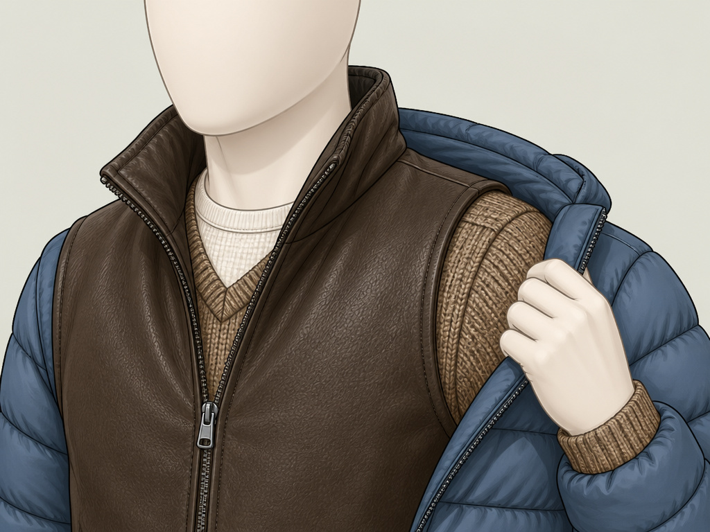 Layering a leather vest over a sweater under a winter coat diagram.
