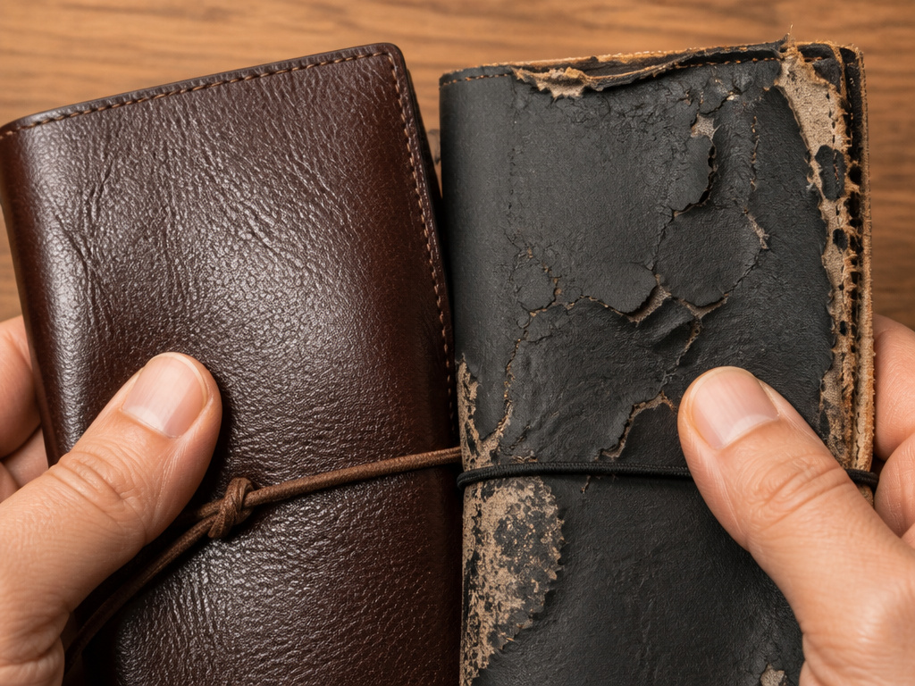 comparison of durable full-grain leather versus cracked bonded leather journal covers