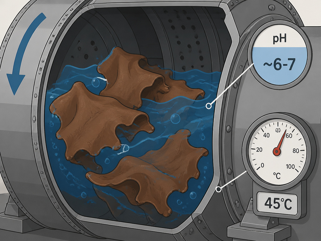 Diagram of a leather dye drum in operation during the industrial dyeing process.