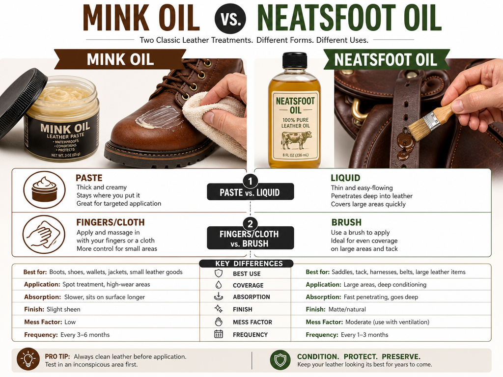 Step-by-step guide comparing mink oil and neatsfoot oil application techniques.