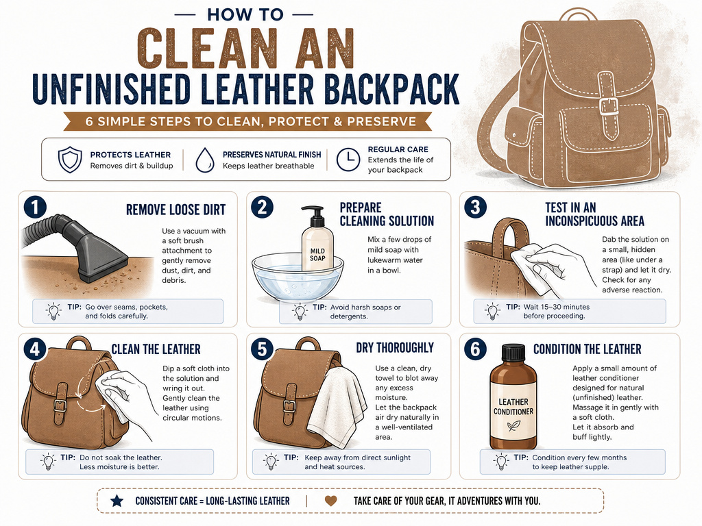 Step-by-step infographic for cleaning and conditioning an unfinished leather backpack.