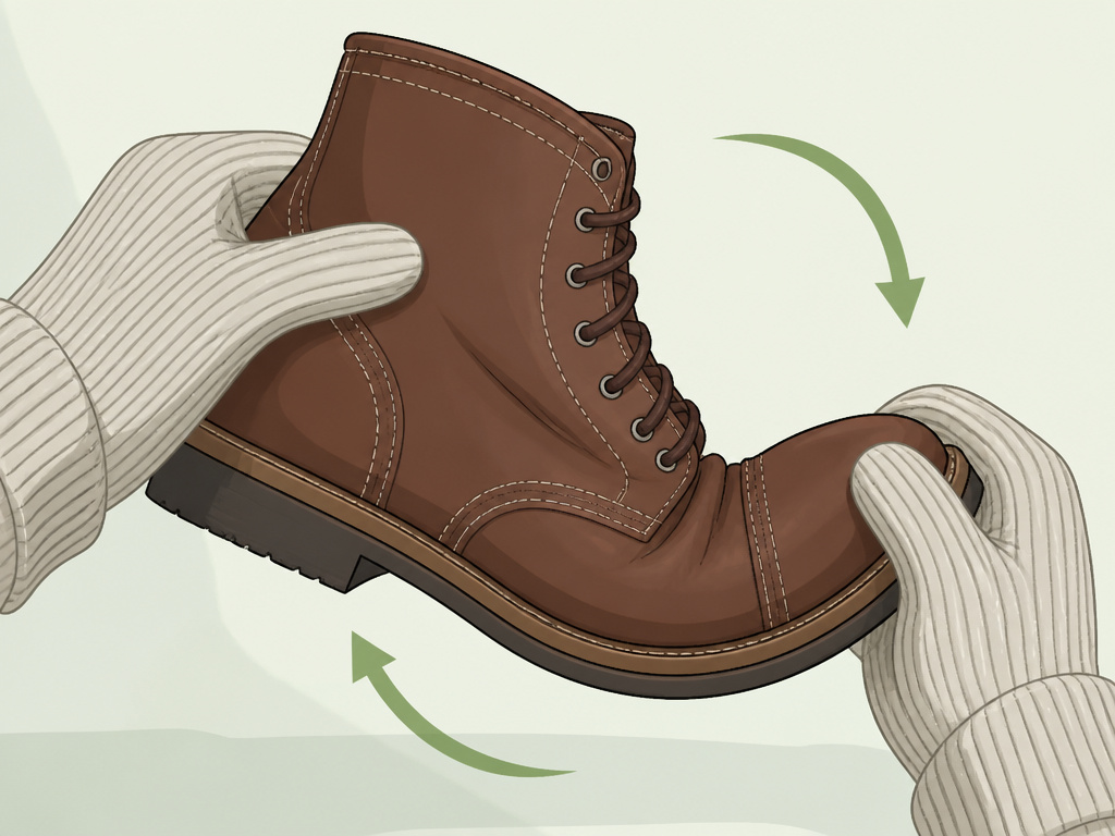 Hands in socks flexing a leather boot to soften it gently.
