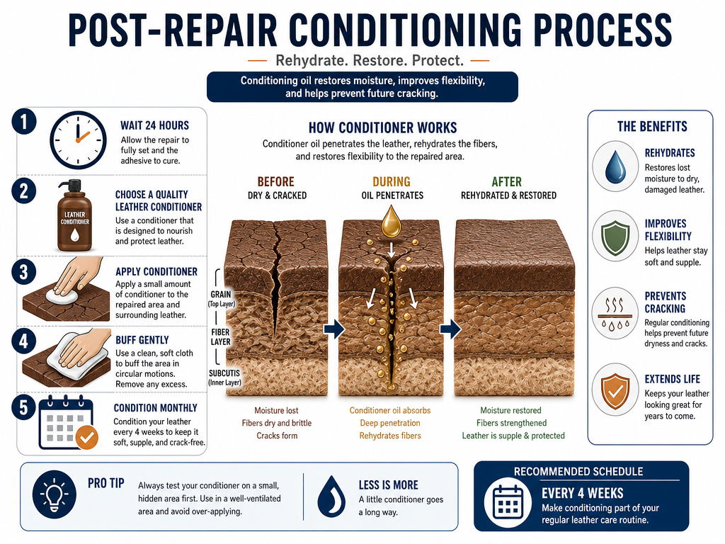 Step-by-step guide to conditioning leather after a crack repair.