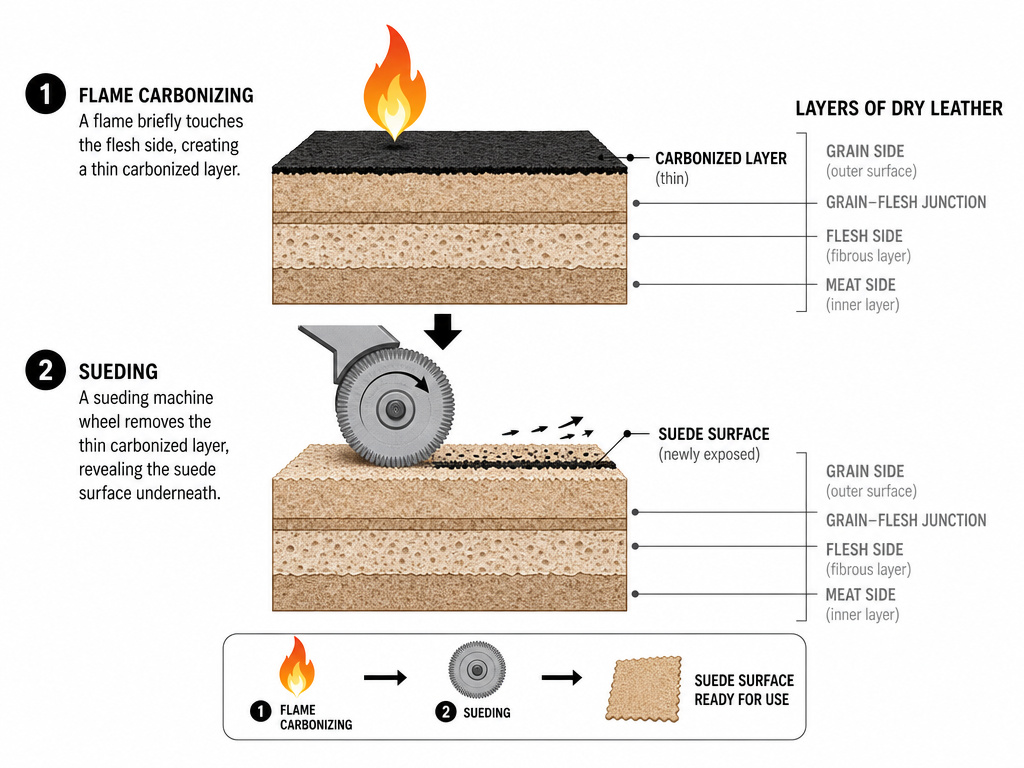 Dry leather suede method diagram showing flame treatment and grinding.