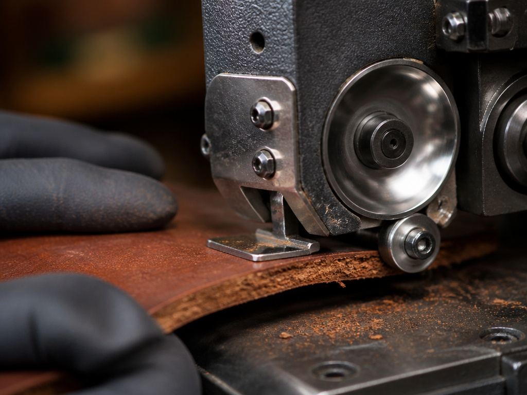 Close-up of a bell knife skiver machine thinning a piece of leather.