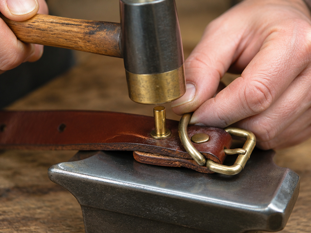 Close-up of setting a rivet on a handmade leather dog collar.